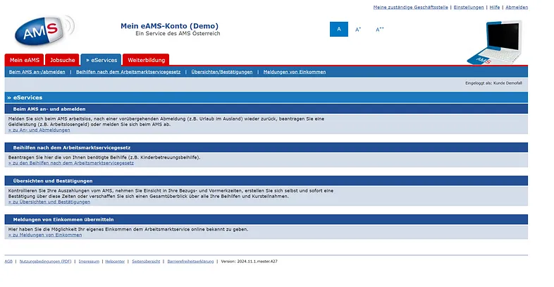 Screenshot of eAMS system