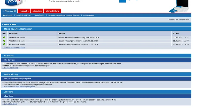 Screenshot of eAMS system